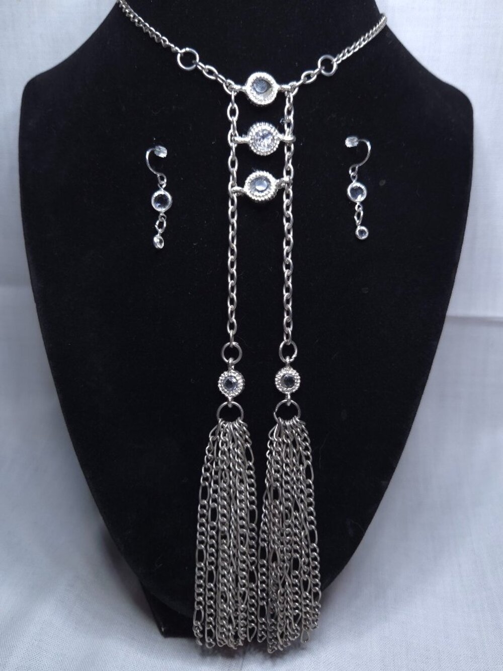 Silver Tone with Tassels Statement Necklace with Pierced Earrings